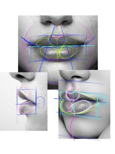 four different images of the same person's mouth and nose with colored lines on them