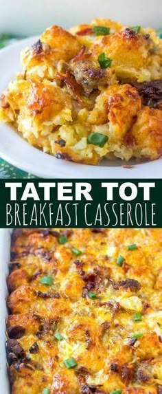 two pictures of tater tot breakfast casserole on a white plate with green trim