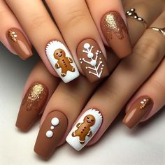 Christmas Multicolor Nails, Xmas Nails Dip, Sns Christmas Nails Ideas, Nail Ideas For November, Gingerbread Nails, Mickey Nails, Christmas Nail Ideas, Kutek Disney, Thanksgiving Nail Designs