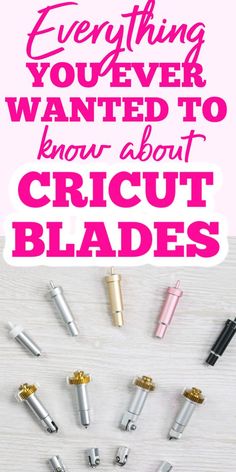 the words everything you ever wanted to know about cricut blades are in pink and white