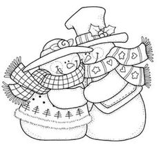 a black and white drawing of two snowmen wearing hats, scarfs and scarves