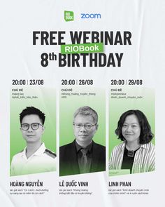 three people are standing in front of a poster for the free webinar book 8 th birthday