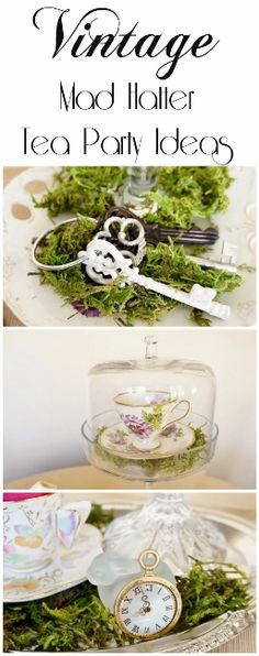 vintage tea party ideas with moss and other items in glass containers, including an alarm clock