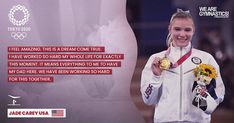 a woman holding two gold medals in front of an olympic poster with the caption that says, we are gymnastics