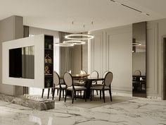 an elegant dining room with marble floors and walls