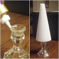 two different views of a glass vase with a white cone on top and an empty bottle in the middle