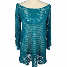 Inventory #Wo E&P Style: 3/4 Sleeve, Scoop Neck, Crochet Lace Tunic/Cover-Up Color: Teal Size: Women's Small Condition: Good Pre-Owned Condition. Measurements Are Approximate. Chest: (Laid Flat) 17" Sleeve: 18" Length: 25" Summer Long Sleeve Crochet Dress In Pointelle Knit, Fitted Half Sleeve Beach Tops, Vacation Long Sleeve Pointelle Knit Crochet Top, Long Sleeve Pointelle Knit Crochet Top For Vacation, Green Long Sleeve Crochet Top For Beach, Green Long Sleeve Crochet Top, Fitted Long Sleeve Crochet Top For Beach, Green Long Sleeve Crochet Top For Summer, Summer Long Sleeve Open Knit Blouse