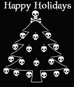 a christmas tree with skulls hanging from it