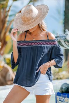 Navy Embroidered Off-Shoulder Cami Embroidered Details, Modern Aesthetics, Navy Color, Body Shape