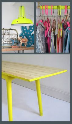 a table that has been painted yellow and is next to a rack with umbrellas on it