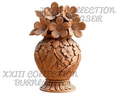 a wooden vase with flowers in it on a white background and the words, wood carving