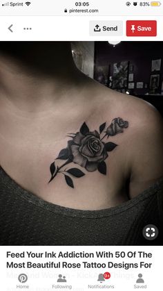 a woman's chest with a rose tattoo on her left shoulder and the words feed your ink addition with 50 of the most beautiful rose tattoo designs for