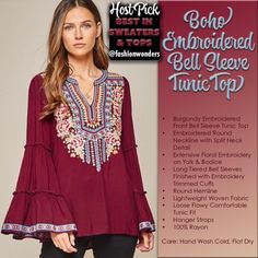 Burgundy Embroidered Front Bell Sleeve Tunic Top Embroidered Round Neckline With Split Neck Detail Extensive Floral Embroidery On Yolk & Bodice Long Tiered Bell Sleeves Finished With Embroidery Trimmed Cuffs Round Hemline Lightweight Woven Fabric Loose Flowy Comfortable Tunic Fit Hanger Straps Host Pick Fabric: 100% Rayon Care: Hand Wash Cold, Flat Dry 2host Pick A Must Have! Absolutely Stunning!! Fitted Embroidered Top With Multicolor Embroidery For Fall, Fitted Embroidered Top With Multicolor Design For Fall, Fitted Embroidered Top For Fall, Blouse Dress Oversized, Boho Sweater, Printed Sleeveless Top, Boho Kimono, Floral Tunic, Boutique Tops