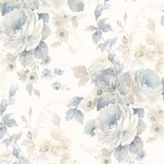 a white and blue flowered wallpaper with lots of flowers on the bottom half of it