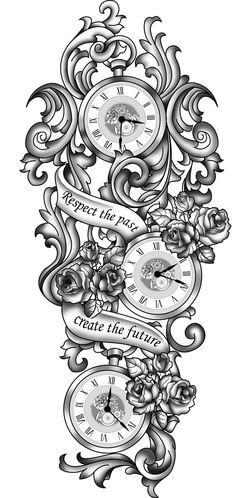 a drawing of an ornate clock with scroll and flowers on the side, in black and white