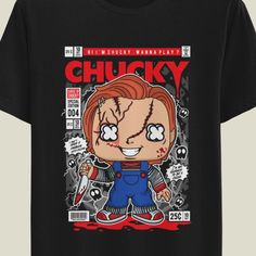 a black t - shirt with an image of chucky on it