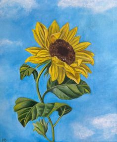 a painting of a sunflower on a blue background