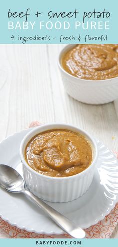 two white bowls filled with baby food on top of a plate