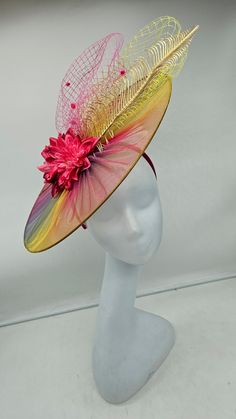 This unique and stunning multicolored piece is sure to turn heads with any outfit. Pink with hot pink feathers on a burgundy base. Secured by a black headband.  This will be a great way to add elegance to any,  bridesmaid,  rehearsal dinner,  Wedding guest,  cocktail party, or church outfit. - Ready to ship  - Lightweight - Fast shipping - Customize by adding different color flowers and or feathers Check my store for for styles and colors.  etsy.com/shop/hatsandpearls Find more at my website: Www.hatsandpearls.com  reach out to me if you can't find what you are looking for.  I can make cake custom orders and help you style and match your outfit Adjustable Multicolor Party Costume Hat, Adjustable Multicolor Costume Hats For Parties, Pink Party Hat With Feathers, Pink Mini Hat With Feather Trim For Summer, Summer Party Hat With Feather Trim, Adjustable Pink Carnival Hat, Multicolor Mardi Gras Party Costume Hats And Headpieces, Pink Carnival Costume Hats, Wide Brim Fascinator With Feather Trim For Party