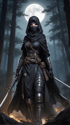 a person in a hooded outfit holding two swords and standing in the woods with a full moon behind them