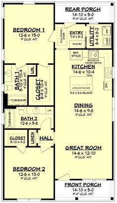 the floor plan for a two story house with 2 bedroom and an attached kitchen area