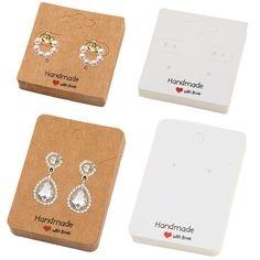 three pairs of earrings are shown in four different packagings, each with a diamond drop