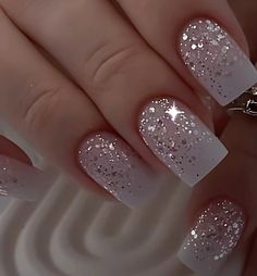 Nails For Eras Tour, Nail Ideas Glitter Sparkle, Wedding Nails For Bride Bridal Simple, Soft Pink Nails With Glitter, Silver Holiday Nails, White Chrome Nails Designs, Clear Glitter Nails, Boujee Nails, Glitter Tip Nails