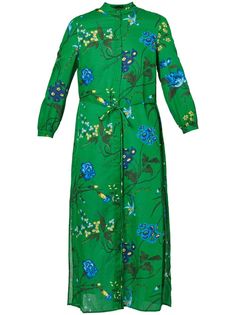 green/multicolour cotton-silk blend all-over floral print band collar front button fastening three-quarter length sleeves buttoned cuffs detachable waist belt side slits straight hem mid-length Green Floral Print Midi Dress, Summer Daywear Dresses With Belted Cuffs, Spring Knee-length Midi Dress With Belted Cuffs, Floral Print Midi Dress With 3/4 Sleeves For Daywear, 3/4 Sleeve Floral Midi Dress For Daywear, Summer Green Belted Midi Dress, Green Belted Midi Dress For Summer, Spring Midi Dress With Belted Cuffs For Daywear, Green Midi Dress For Spring