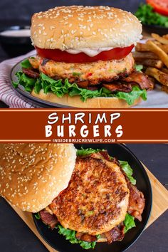 two hamburgers with bacon, lettuce and tomato on top are shown in this collage