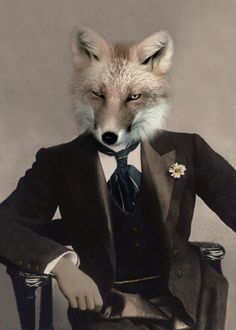 a fox wearing a suit and tie sitting in a chair