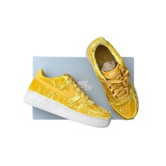 Nike Air Force 1 Lv8 (Gs) Sneakers In Mineral Gold Brand New In Original Box. Marked A Youth Size 6.5, Fits Like A Woman’s Size 8! Golden Yellow Color With Velvet Texture, Perfect For The Upcoming Season! As Seen On Bella Hadid. Sold Out Online! Golden Yellow Color, Velvet Texture, Nike Gold, Gold Branding, Golden Yellow, Bella Hadid, Nike Air Force 1, Air Force 1, Yellow Color