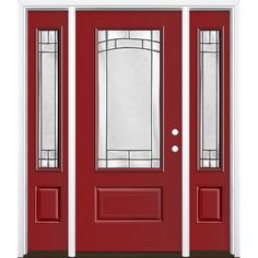 Masonite high-performance fiberglass doors feature distinct panel profiles that rival the detail of a real wood door but will not rust or dent. Additionally, the eye-catching border of Element glass adds a unique focal point to your entrance. Together, this distinctive door design and glass pairing perfectly complements a variety of home styles. Masonite Element 64-in x 80-in x 4-9/16-in Fiberglass 3/4 Lite Left-Hand Inswing Roma Red Painted Prehung Front Door with Sidelights with Brickmould Front Door With Sidelights, Door With Sidelights, Fiberglass Exterior Doors, Steel Front Door, Fiberglass Entry Doors, Craftsman Door, Stained Doors, Victorian Door, Exterior Front Doors