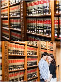 two people standing next to each other in front of bookshelves and shelves filled with books