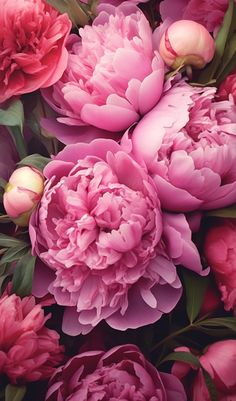 pink peonies and other flowers are arranged in a bouquet on a table top