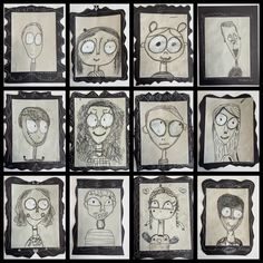 several drawings of people with different facial expressions and hair styles, all drawn in black and white