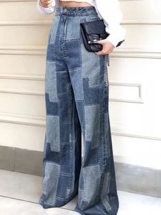 Autumn Clothes Women's Jeans Buttoned Contrast Color Streetwear Pants Wide Leg Loose Female High Stylish Pants Women, Fall Casual Outfits Women, Fall Casual Outfits, Casual Autumn Outfits Women, Denim Decor, Streetwear Pants, Streetwear Jeans, Jean Pants, High Waist Denim