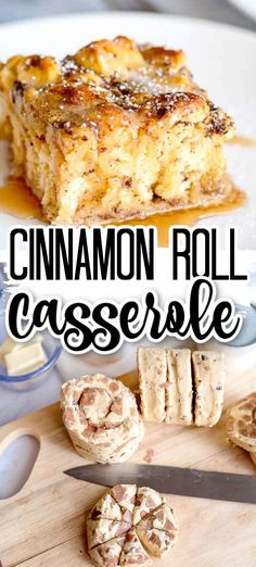 cinnamon roll casserole on a cutting board