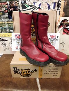 These Red biker style boots by Dr Martens are a very good quality for sure. The Red waxed leather upper is thick,strong and very durable.  It has a nice cushioned sole that's an all in o e piece with a slightly thicker wedged heel. They have side zips for ease of use. They are a uk size 5, European 38, ladies USA 7 80's Clothes, Red Combat Boots, Wedged Heel, 90s Boots, Pirate Boots, Red Leather Boots, Red Wedges, Boot Companies, Fall 24