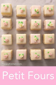 there are many square pieces of cake with flowers on them