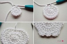 crocheted white doily being worked on with blue yarn and knitting needles in four different stages