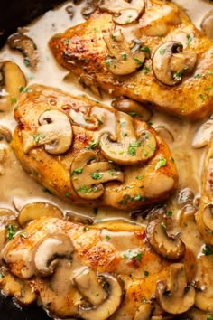 chicken with mushrooms and gravy in a skillet