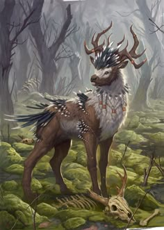 a painting of a deer with horns and feathers on it's head in the woods