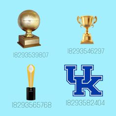 four trophies with the letters k on them and numbers in blue, gold, and white