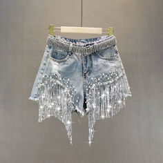 Gothic Punk Fringe Denim Shorts - Vedlit Beaded Denim, Street Model, Tassel Shorts, Baby Tees Y2k, Y2k Baby Tee, Denim Patterns, Gothic Punk, 90s Grunge, Button Fly Jeans