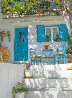 Blue Shutters, The Village, Shutters, A House, Colorful Flowers, Plants, Flowers, Blue, White