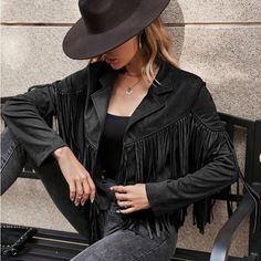 Bohotassel Suede Women Fringe Jacket Long Sleeve Jacket Fits True To Size Lined Ugg Jacket, Chanel Style Jacket, Suede Jacket Women, Faux Leather Jacket Women, White Poncho, Hot Sweater, White Jean Jacket, Faux Leather Coat, Western Jacket