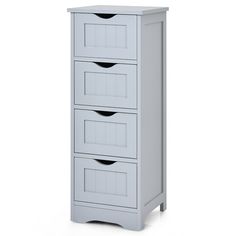 a tall white cabinet with three drawers