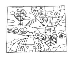 a coloring page with hot air balloons in the sky