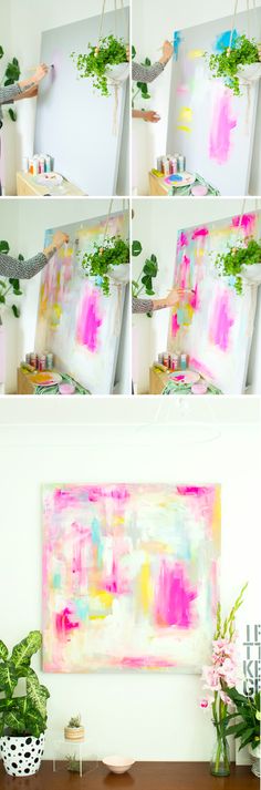 the process of painting with acrylic paint on canvases is shown in four different stages