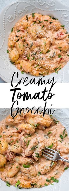 two plates with different types of food on them and the words creamy tomato gnocchi